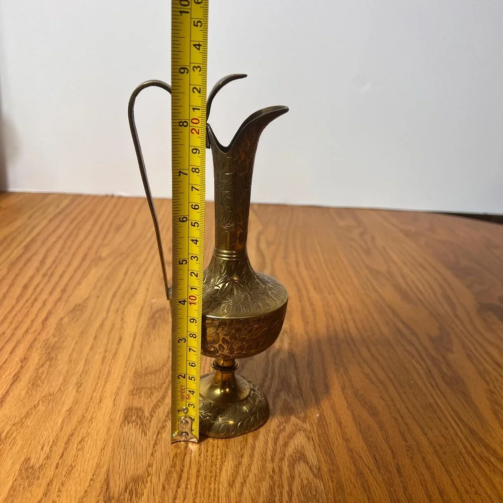 Vintage Engraved Brass Ewer Pitcher Vase Ornate Floral Etched Pedestal Decor